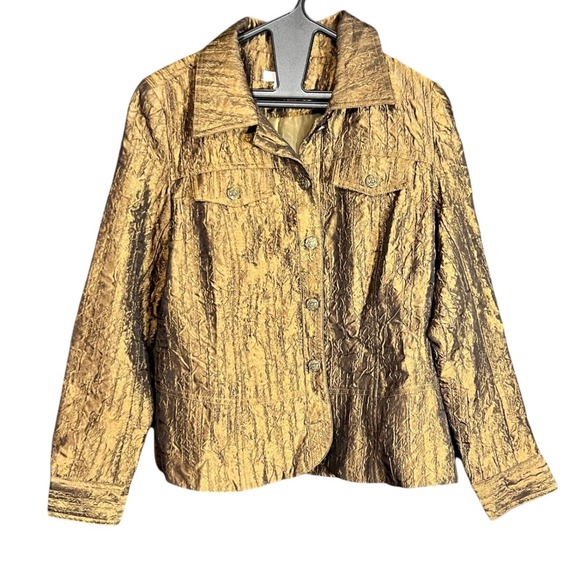 Erin London Womens Size Medium Gold Metallic Crinkle Jacket Art to Wear Textured - Picture 2 of 13